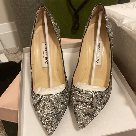 Jimmy Choo Abel silver and valet pink sparkle shoes. - Picture 3 of 12